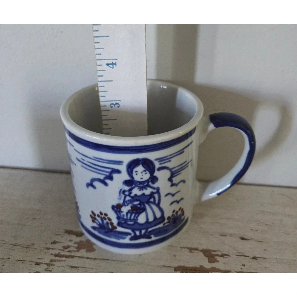 Vintage Blue White Folk Art Ceramic Mugs Set of 2 Farmhouse Country Style